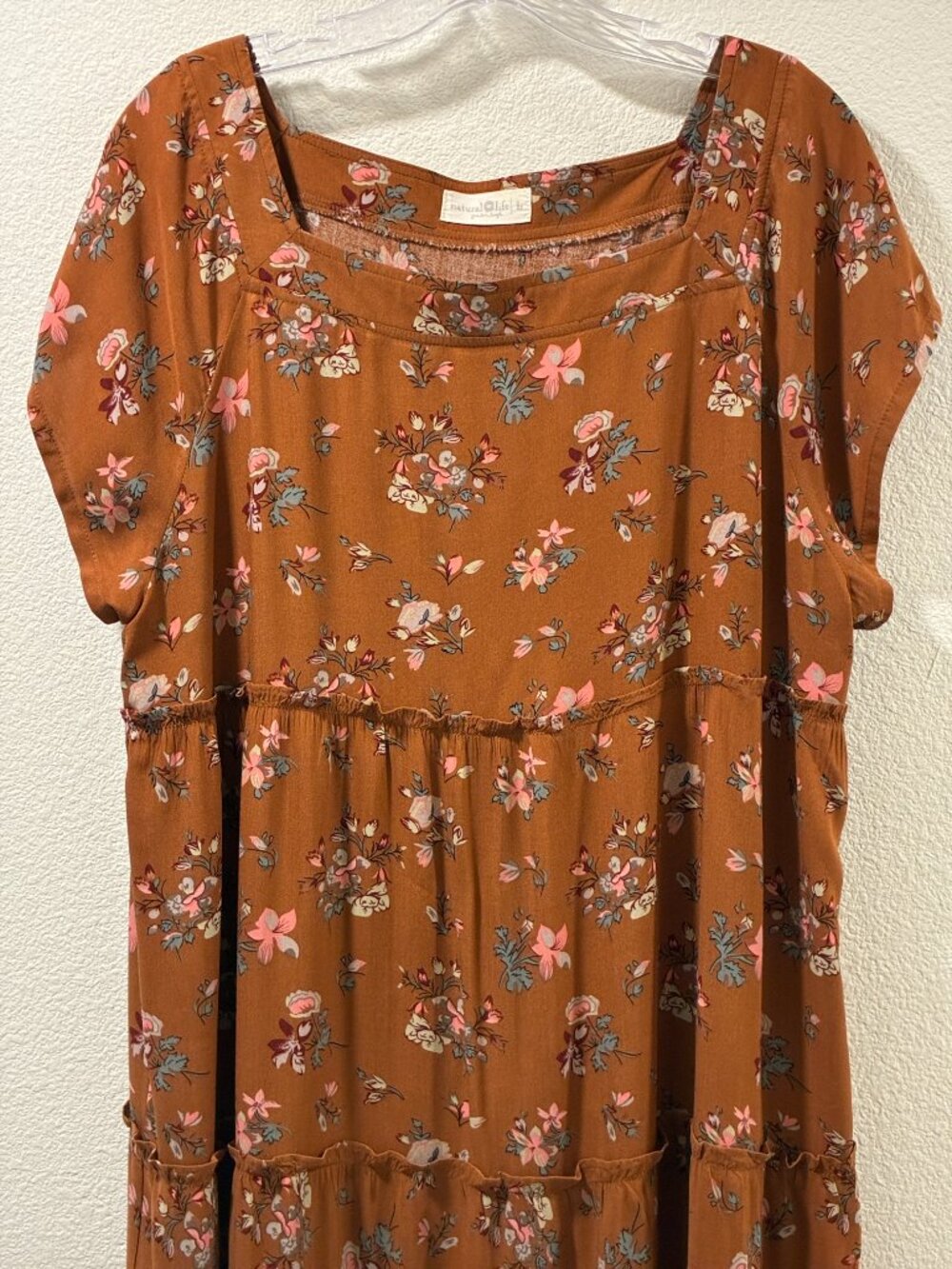 NATURAL LIFE Short Sleeve Tiered Maxi Dress Floral Brown/Pink/Burgundy Women L - Picture 6 of 7